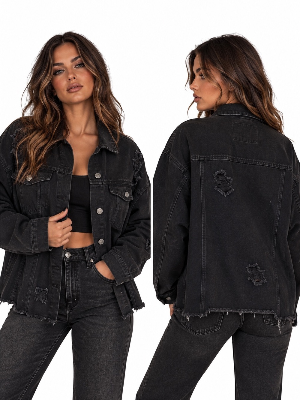 Forever 21 Oversized Black Distressed Denim Jean Jacket Grunge Raw Hem